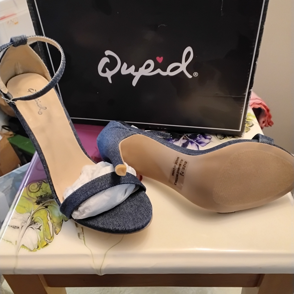 Qupid Blue Denim Ankle Strap Heels